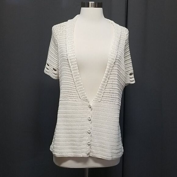 Anthropologie Tapemeasure Cream Ivory Silk Blend Open Knit Button Cardigan Large - Picture 1 of 8